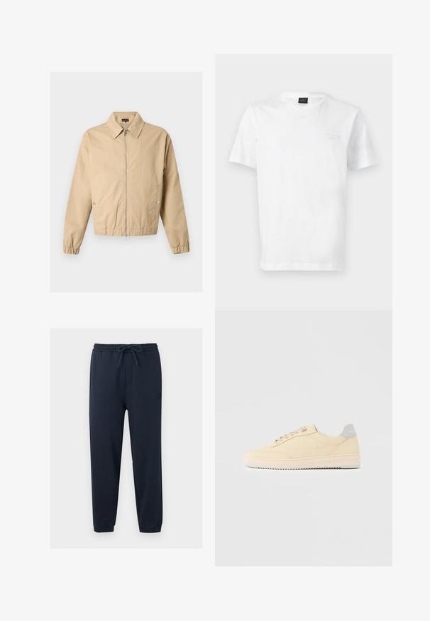 Veste beige zippée avec col pointu, poches latérales à boutons-pression, poignets élastiques et ourlet élastique sur un fond uni.; T-shirt blanc à manches courtes et col rond avec un logo BOSS subtil sur la poitrine et une étiquette noire à l'intérieur du col.; Pantalon de jogging bleu marine avec ceinture élastique, cordon de serrage ajustable, jambes fuselées et ourlets retroussés.; Baskets basses beige à lacets, semelle rose clair et languette grise à l'arrière marquée "Filling Pieces", vues de profil sur fond uni.