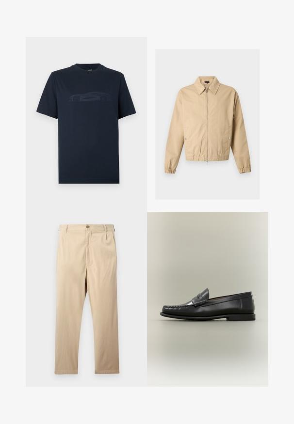 Veste beige zippée avec col pointu, poches latérales à boutons-pression, poignets élastiques et ourlet élastique sur un fond uni.; T-shirt bleu marine à manches courtes en coton, avec une silhouette de voiture embossée sur le devant. Col rond.; Pantalon beige à jambes droites avec fermeture par bouton et zip, passants pour ceinture et poches latérales, posé à plat sur un fond clair.; Mocassin pour homme en cuir noir avec un design moc-toe, une lanière à monnaie et un talon bas sur un fond neutre.