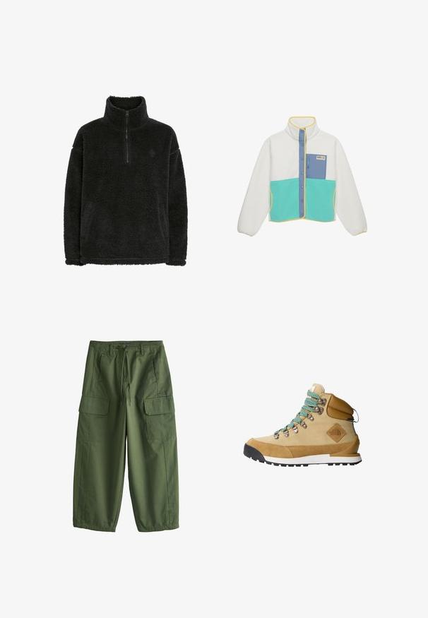 Chaleco de forro polar con un cuerpo blanco, panel del pecho azul claro, sección inferior turquesa y ribete amarillo. Incluye un bolsillo con cremallera y botones a presión.; Sudadera de forro polar negra con cuello con cremallera, superficie suave y texturizada, y un ajuste relajado. Presenta costuras a lo largo del dobladillo y los puños.; Pantalones cargo verde oliva con cintura de cordón, trabillas para cinturón, bolsillos laterales y bolsillos con solapa en los muslos, ajuste holgado con puños elásticos.; Botas de senderismo en color beige con una parte superior de ante y lona, con cordones turquesa, cuello acolchado y suela de goma negra que presenta un patrón de agarre texturizado.