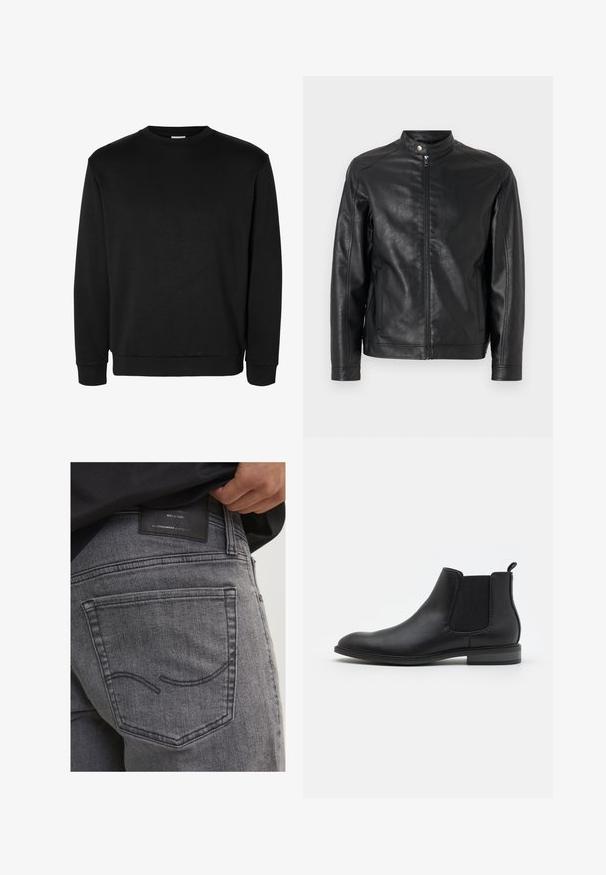 Sort læderjakke med opretstående krave, frontlynlås og sidelommer. Glat tekstur med minimale designdetaljer.; Sort langærmet sweatshirt med rund hals, ribkanter ved ærmer og bund, ensfarvet design uden synlige logoer eller mønstre.; Grå denim jeans med en baglomme med buet syning og et sort lædermærke, der viser brandinformation og detaljer om håndværk.; Sort læder Chelsea støvle med elastiske sidelapper, rund tå og trækflap, der har en lav blokhælt og glat overflade.