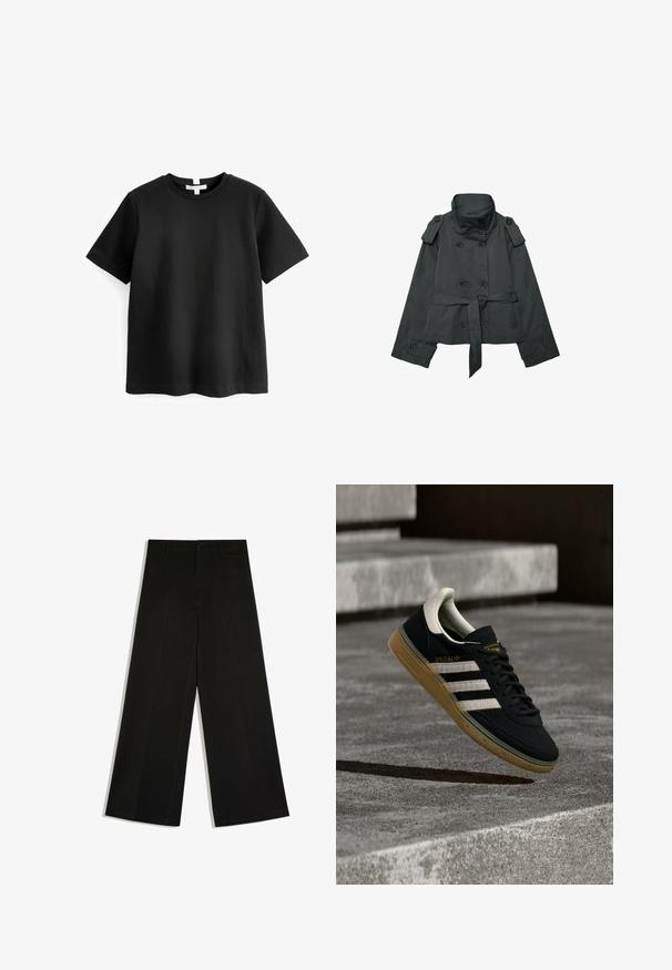 Kurze schwarze zweireihige Jacke mit geknöpften Schulterklappen, hohem Kragen, Gürtel in der Taille und geknöpften Manschetten an langen Ärmeln.; Schwarzes kurzärmeliges T-Shirt aus Baumwolle. Rundhalsausschnitt mit geradem Saum und ohne sichtbare Muster oder Grafiken. Weiche, glatte Textur.; Schwarze Hosen mit weitem Bein, Gürtelschlaufen, Knopfverschluss vorne und Reißverschluss, flach auf weißem Hintergrund ausgelegt.; Schwarzer Sneaker aus Wildleder mit weißen Streifen und goldenem Logo, ausgestattet mit einer strukturierten Gummisohle in Kaugummifarben und einer kontrastierenden cremefarbenen Fersenschlaufe.
