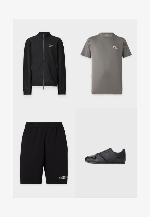 Schwarze Reißverschluss-Jacke mit strukturierter Oberfläche, hohem Kragen, elastischen Bündchen und goldenem Logo auf der Brust. Leichtes Design.; Kurzärmeliges graues T-Shirt mit Rundhalsausschnitt und weißem EA7 Emporio Armani-Logo auf der linken Brust und innen am Kragen.; Schwarze Freizeitshorts mit elastischem Bund und kleinem rechteckigem EA7 Emporio Armani-Logo nahe dem unteren Saum am linken Bein.; Schwarze Sportschuhe mit einem glatten Lederoberteil, subtilen strukturierten Akzenten und einer kontrastierenden schwarzen Wildlederkappe. Mit einer Gummisohle.