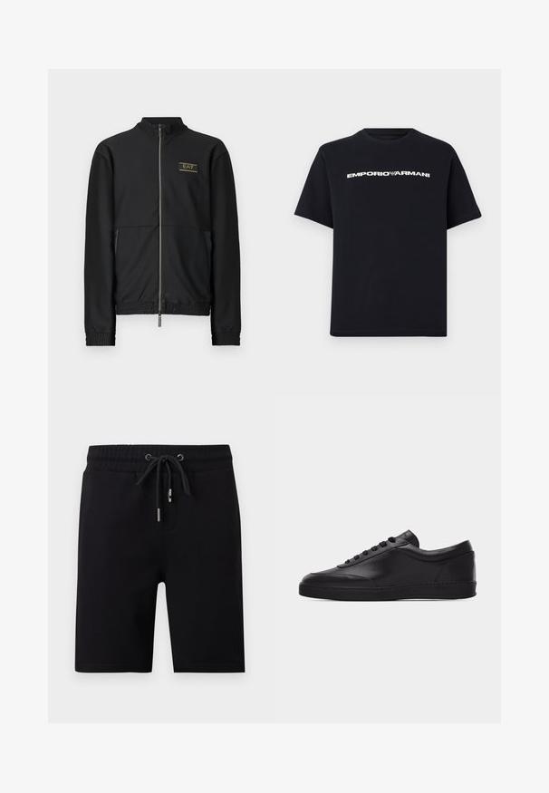 Veste noire à fermeture éclair avec un tissu texturé, dotée d'un col montant, de poignets élastiques et d'un logo doré sur la poitrine. Design léger.; T-shirt noir à manches courtes et col rond avec le texte blanc "EMPORIO ARMANI" et le logo aigle centrés sur la poitrine.; Shorts noirs mi-genoux avec taille élastique et cordon de serrage noir à embouts métalliques, poches avant et texture de tissu lisse.; Baskets basses en cuir noir avec lacets sur le devant et semelle en caoutchouc plate, vues de côté sur un fond blanc uni.