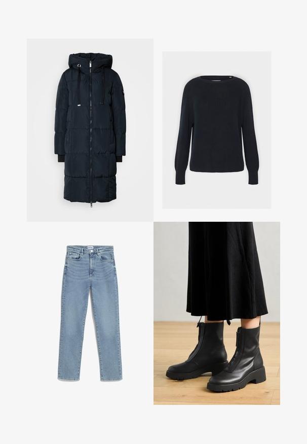 Mos Mosh SQUARE COAT - Daunenmantel - navy; Marineblauer gestrickter Pullover mit rundem Halsausschnitt, gerippter Textur und langen Raglanärmeln. Hat einen geraden Schnitt am Saum.; Hellblaue Jeans mit geradem Schnitt, fünf Taschen, vorderem Knopfverschluss und sanften Ausbleichungen am Oberschenkel. Klassische Denim-Struktur.; Schwarze Lederstiefeletten mit einer dicken Plattformsohle und einem Reißverschluss vorne. Glatte Textur mit einem minimalistischen Design.