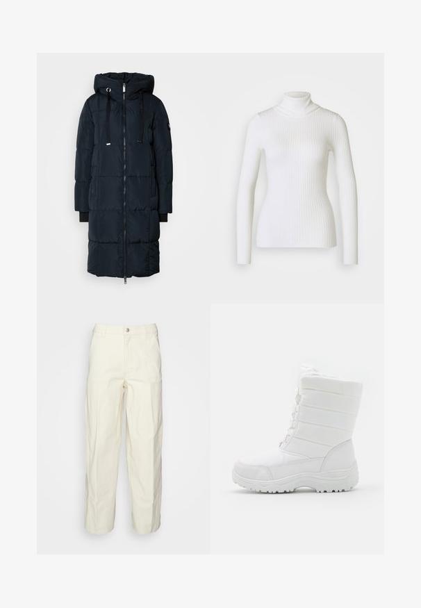 Mos Mosh SQUARE COAT - Manteau en duvet - navy; Pull en maille côtelée blanche avec col roulé et manches longues, présentant un design ajusté et une texture douce. Col plat et look sans couture.; Pantalons utilitaires beige clair avec une coupe décontractée, fermeture à bouton et poches plaquées à l'avant. Fabriqués en tissu de coton durable.; Bottes d'hiver blanches imperméables avec un dessus rembourré, un design texturé, des lacets réglables et une semelle en caoutchouc robuste pour une meilleure traction.
