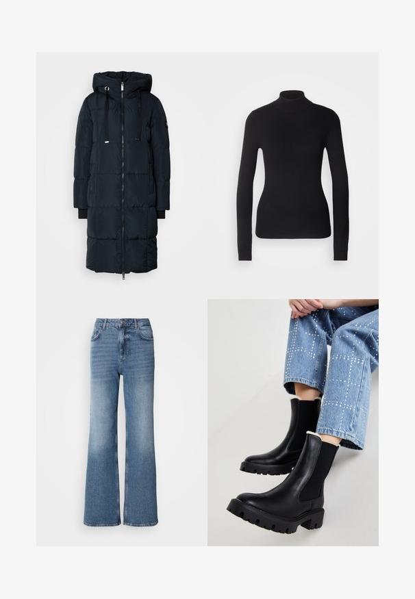 Mos Mosh MMNOVA SQUARE DOWN COAT - Daunenmantel - navy; Schwarzer Rollkragenpullover aus leichtem Strickgewebe. Mit langen Ärmeln, taillierter Passform und weichem Ripptextil.; Mos Mosh MAI - Jeans Straight Leg - blue wash; Schwarze Lederstiefeletten mit elastischen Seiteneinsätzen, strukturierten, klobigen Sohlen und Lammfellfutter am Schaft, kombiniert mit hellblauen, verzierten Jeans.