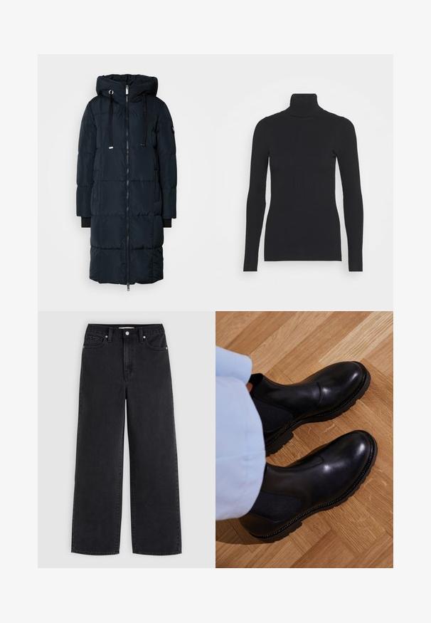 Mos Mosh MMNOVA SQUARE DOWN COAT - Páperový kabát - navy; Čierny rebrovaný rolák, ktorý má dlhé rukávy a priliehavý strih. Textúra je hladká s horizontálnym rebrovaním.; Čierne široké rifle s predným gombíkom a zipsom, s pútkami na opasok a s päťvreckovým dizajnom na svetlošedom pozadí.; Čierne členkové topánky vyrobené z hladkej kože s elastickými bočnými panelmi, textúrovanou gumovou podrážkou a kontrastným prešívaním po okraji.