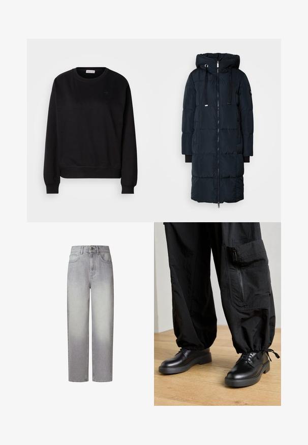 Mos Mosh SQUARE COAT - Daunenmantel - navy; Schwarzer Pullover aus weichem Material, mit rundem Hals, gerippten Bündchen und einem kleinen CK-Logo auf der Brust. Einfaches, minimalistisches Design.; Hellgraue Denim-Jeans mit hoher Taille, geradem Beinfit, fünf Taschen und Knopfverschluss. Ausgebleichtes Finish mit subtiler Farbvariation.; Schwarze, leichte Hosen mit einer Reißverschlusstasche und elastischen Bündchen, kombiniert mit glatten schwarzen Lederschuhen mit einer dicken, flachen Sohle.