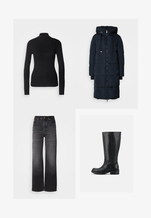 Mos Mosh MMNOVA SQUARE DOWN COAT - Dunfrakker - navy; Sort turtleneck sweater lavet af let strikket stof. Har lange ærmer, et tætsiddende design og en blød ribbet tekstur.; Sorte afslappede jeans med høj talje, fem lommer, knaplukning og en subtil falmet tekstur. Tyk stof med en struktureret pasform.; Høj sort læderstøvle med lav blokhæl og rund tå, glat overdel med minimal syning på ensfarvet baggrund.