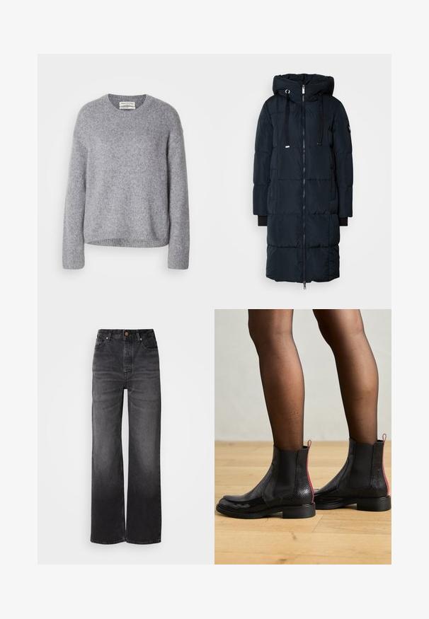 Mos Mosh SQUARE COAT - Πουπουλένιο μπουφάν - navy; Ανοιχτό γκρι πλεκτό πουλόβερ από μαλλί με μακριά μανίκια και ριμπ όψεις, στρίφωμα και στρογγυλή λαιμόκοψη, τοποθετημένο σε λευκό φόντο.; Μαύρα τζιν παντελόνια με καμπάνα, ψηλή μέση, πέντε τσέπες, κλείσιμο με κουμπί και απαλή φθορά στην επιφάνεια. Παχιά ύφανση με δομημένη εφαρμογή.; Billi Bi Κλασικές μπότες αστραγάλου - black combination/red