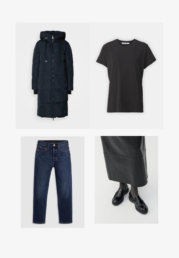 Mos Mosh MMNOVA SQUARE DOWN COAT - Páperový kabát - navy; Čierne bavlnené tričko s klasickým okrúhlym výstrihom, krátkymi rukávmi a voľným strihom. Hladká textúra, žiadne viditeľné vzory ani akcenty.; Tmavomodré džínsy s rovnými nohavicami. Majú zips s gombíkovým zapínaním, päť vreciek a kontrastný šev.; Čierne kožené poltopánky s hladkým povrchom, s dekoratívnym pásikom, okrúhlou špičkou a textúrovanou podrážkou. Nosené s dlhou čiernou koženou sukňou.