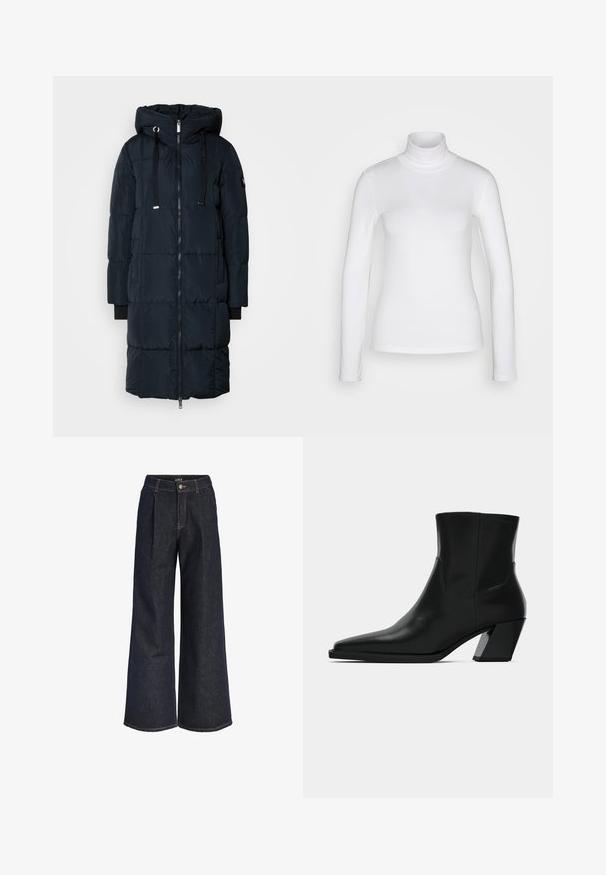 Mos Mosh MMNOVA SQUARE DOWN COAT - Páperový kabát - navy; Biela dlhá rukáv turtleneck košeľa vyrobená z hladkej, pružnej látky. Má priliehavý strih a vysoký golier. Bez viditeľných vzorov alebo akcentov.; Tmavomodré rifle s širokými nohavicami, záhybmi, zapínaním na gombíky a pútkami na opasok, zobrazené na bielom pozadí.; Čierna kožená členková topánka s špicatou špičkou, elegantným siluetou a masívnym štvorecovým podpätkom. Hladký povrch s minimálnymi švovými detailmi.