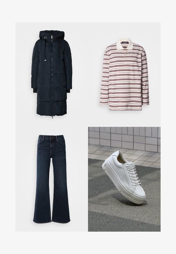 Mos Mosh MMNOVA SQUARE DOWN COAT - Dunfrakker - navy; Mos Mosh STRIPE - Poloshirts - brunnera/blue; Mos Mosh HERA - Flared jeans - dark blue; Hvide lædersneakers med lavt design, flade snører, rund tå og strukturerede sider. Tyk gummisål med diskrete detaljer.