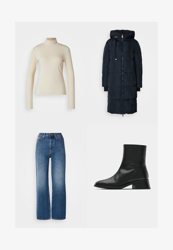 Mos Mosh SQUARE COAT - Abrigo de plumas - navy; Top de manga larga de color crema con cuello alto, hecho de una tela suave y elástica; diseño ajustado con cuello alto y sin patrones o acentos visibles.; Jeans de mezclilla azul de tiro alto, de pierna ancha, con un lavado degradado, costuras de cobre, cierre de botón en la parte delantera y cinco bolsillos.; Botín negro de tobillo hecho de cuero brillante, con un diseño elegante, punta afilada y un tacón bloque moderado para mayor estabilidad.