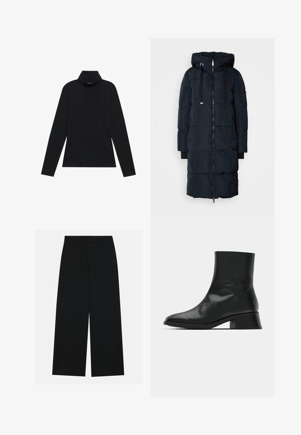 Mos Mosh MMNOVA SQUARE DOWN COAT - Donsjas - navy; Zwarte langetermijn turtleneck. Zachte stof, getailleerd design, hoge kraag en zijnaad. Eenvoudige en veelzijdige stijl die geschikt is voor het laagjes dragen.; Zwart, wijde broek van een gladde stof. Heeft een plat tailleband met riemlussen en geen zichtbare zakken. Eenvoudig ontwerp.; Zwarte enkelboot van glanzend leer, met een slank ontwerp, spitse neus en een gematigde blokhak voor stabiliteit.
