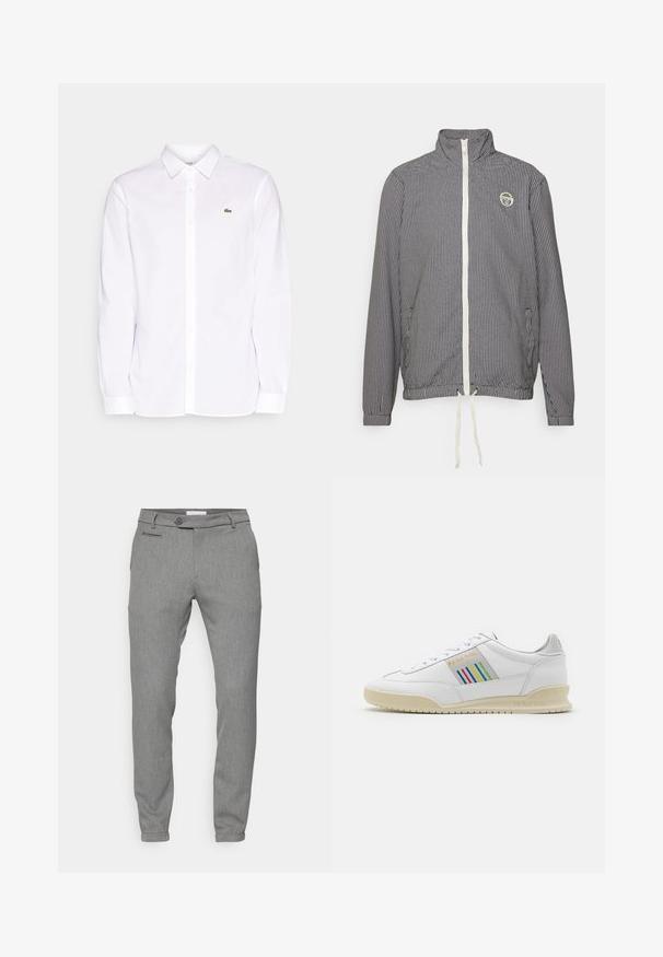 Marine- en witte geruite lichtgewicht jas met hoge kraag, volledige ritssluiting aan de voorkant, elastische zoom en een trekkoorddetails. Heeft een logo op de borst.; Witte lange mouwen shirt van katoen, met een button-down kraag, een groen geborduurd logo op de linkerkant van de borst en rechte mouwen.; Grijze broek van een gestructureerde, geweven stof; slim fit; vijf-pocket ontwerp; knoopsluiting; taps toelopende enkels; subtiel patroon.; Witte leren sneaker met een crèmewitte zool, meerkleurige strepenaccenten aan de zijkant en 'PS Paul Smith' merknaam in het goud.