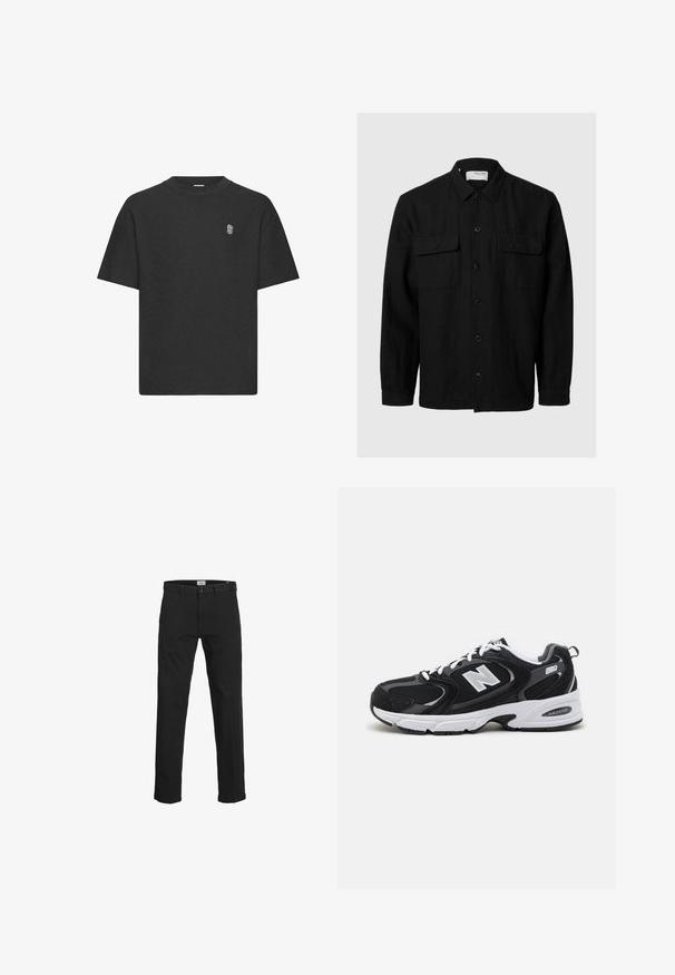 Schwarze Button-up-Hemd mit langen Ärmeln, aus einem strukturierten Stoff gefertigt. Verfügt über zwei Brusttaschen und einen klassischen Kragen.; Schwarzes T-Shirt mit kurzen Ärmeln aus strukturiertem Stoff, mit Rundhalsausschnitt und einem dezenten, gestickten Logo auf der Brust.; Schwarze Baumwollhosen mit geradem Schnitt, Gürtelschlaufen, einem Reißverschluss und Knopfverschluss sowie seitlichen Taschen.; Schwarze und graue Sportschuhe mit Obermaterial aus Mesh und Wildleder, ausgestattet mit einer weißen Zwischensohle, Schnürsenkeln und einem markanten "N"-Logo an der Seite.