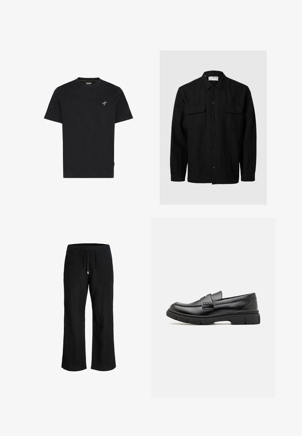 Sort skjorte med lange ærmer, lavet af et struktureret stof. Har to brystlommer og en klassisk krave.; Sort bomulds T-shirt med rund hals og korte ærmer, med en lille broderet grøn palmetræ på venstre bryst.; Sorte vidde bukser med elastik i taljen og snor, lavet af let tekstureret stof.; Sort læder loafersko med en bred rem over forfoden, gummisål med tykke mønstre og glat overflade. Klassisk, slankt design.
