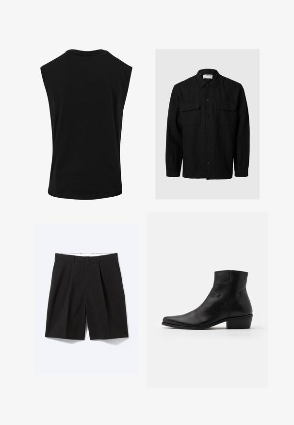 Chemise noire à manches longues, en tissu texturé. Équipée de deux poches poitrine et d'un col classique.; Haut noir sans manches en matériau lisse et léger avec un col rond et une coupe décontractée. Aucun motif ou accent visible.; Shorts noirs sur mesure longueur genou avec passants de ceinture, poches latérales, fermeture par boutons et plis devant, posés à plat sur fond blanc.; Bottine en cuir noir à bout pointu, avec des détails de couture minimalistes, un talon carré de hauteur intermédiaire et une finition lisse et brillante.