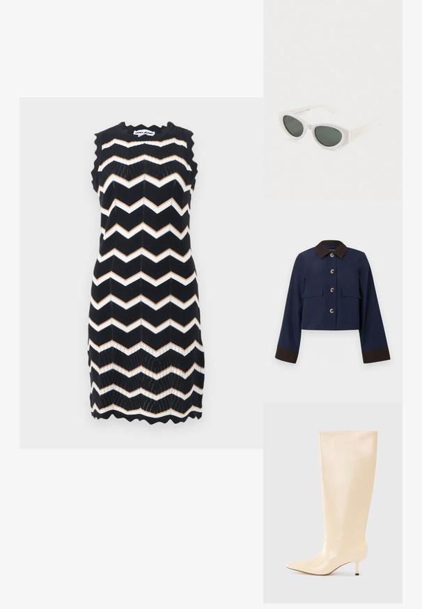 Veste cropped navy avec un col et des poignets marron, dotée de grandes poches avant et de boutons marron. Texture lisse, design ajusté.; Robe noire sans manches en tricot avec des rayures en zigzag blanches et beige, bords festonnés, et étiquette DKNY Jeans au niveau du col.; Botte en cuir beige à hauteur de genoux avec une finition lisse et élégante, un bout pointu et un talon bas et élancé. Présente un design minimaliste sans accents visibles.; Lunettes de soleil blanches en forme d'yeux de chat avec des verres polarisés foncés et une monture en polycarbonate recyclé sur un fond blanc uni.