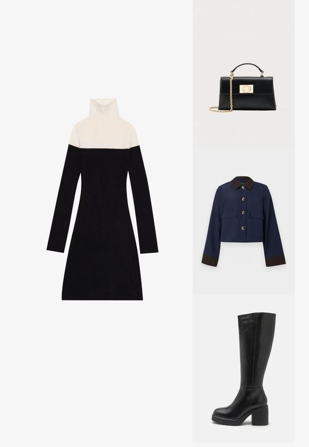 Marineblå cropped jakke med en brun krave og manchetter, der har store forlommer og brune knapper. Glat tekstur, skræddersyet design.; Turtleneck kjole med en cremet overdel og en ensfarvet sort bund. Lavet af et blødt stof med lange ærmer og en tætsiddende silhuet.; Zign LEATHER - Højhælede støvler - black; Sort læderhåndtaske med struktureret form, udstyret med en øverste hank og en guldtonet kæderem. Dekorative guldhardware med logodetalje.