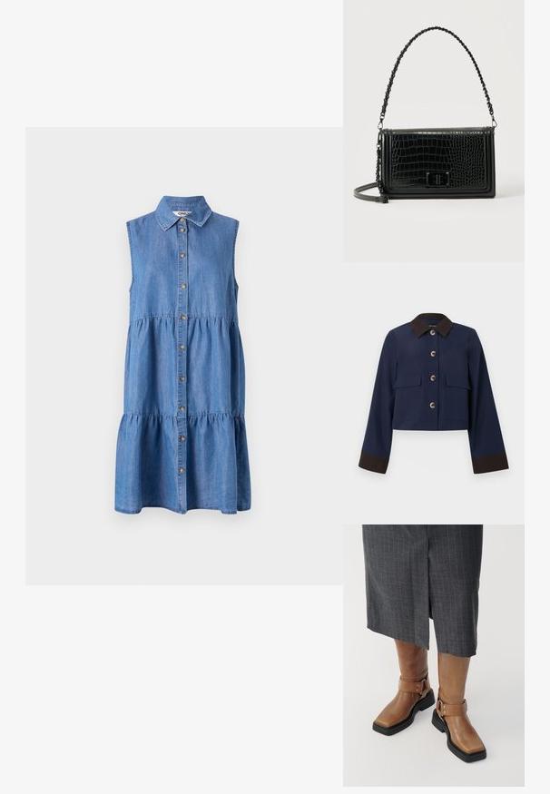 Marineblå cropped jakke med en brun krave og manchetter, der har store forlommer og brune knapper. Glat tekstur, skræddersyet design.; Denim ærmeløs kjole med knaplukning foran, flerlagede flæser i skørterne, spidse krave og en lys blå farve.; Brune læder knæhøje støvler med firkantet tå, sort gummisål og justerbar spænde-detalje. Båret med en grå stribet nederdel.; Sort skuldertaske i læder med krokodillemønster, rektangulær form, stroppen med kædedetalje og frontlukning med drejelås.
