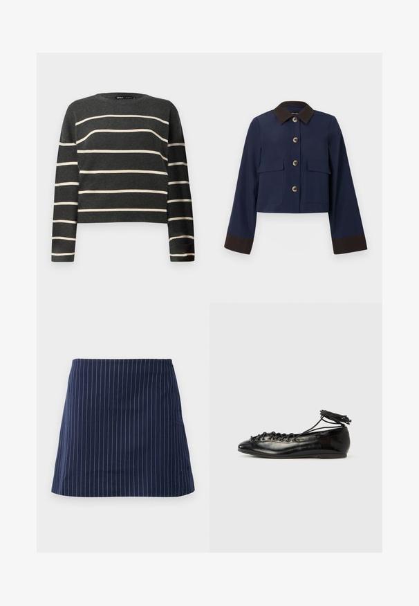 Veste cropped navy avec un col et des poignets marron, dotée de grandes poches avant et de boutons marron. Texture lisse, design ajusté.; Pull en tricot à manches longues gris foncé avec des rayures horizontales crème et un col rond.; Jupe bleu marine avec de fines rayures verticales blanches et une coupe droite au-dessus du genou, présentée sur un fond blanc uni.; Ballerines en cuir verni noir avec un bout rond, un design à lacets et une semelle plate. Texture lisse avec peu de détails.