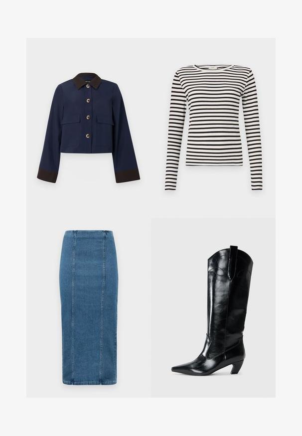 Marineblå cropped jakke med en brun krave og manchetter, der har store forlommer og brune knapper. Glat tekstur, skræddersyet design.; Sort og hvid stribet langærmet skjorte med rund halsudskæring og tætsiddende ribbet tekstur. Balanceret stribebredde over det hele.; Blå denim blyantskørt med lodrette sømme og høj talje, der går til under knæet, vist på en hvid baggrund.; Sorte læderknæhøje støvler med spids tå, lav hæl og dekorative syninger på siderne. Glat, blank overflade.
