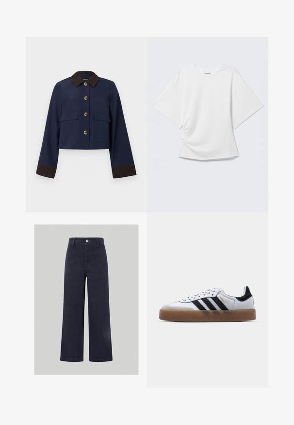 Marineblå cropped jakke med en brun krave og manchetter, der har store forlommer og brune knapper. Glat tekstur, skræddersyet design.; Hvid oversized T-shirt med korte ærmer og rund hals vist på en lysegrå baggrund.; Bredde ben navy bukser lavet af en glat bomuldsblanding, med en frontknaplukning og syede detaljer langs taljen og lommerne.; Hvide lædersneakers med sorte striber, gummirubber sål, rund tå, snørelukning og blød grå ruskinds tåhætte.