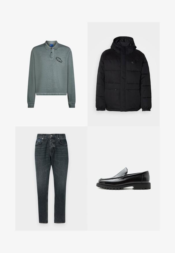 Polstret sort jakke med hætte, der har en lynlås lukning, elastiske manchetter og suede detaljer på skuldrene for ekstra tekstur.; Langærmet polo i dæmpet teal med ribbet krave og manchetter. Sort logo broderi på brystet. Blødt, struktureret stof.; Mørkegrå denim jeans med lige ben design, fem lommer, knaplukning og diskret falming. Lavet af bomuld med en glat tekstur.; Sort læderloafer med chunky gummisål, syet overdel og præget mærkenavn på hælen, vist i sideprofil på hvid baggrund.