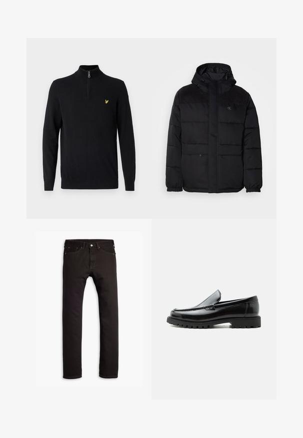 Polstret sort jakke med hætte, der har en lynlås lukning, elastiske manchetter og suede detaljer på skuldrene for ekstra tekstur.; Sort zip-hals sweater lavet af et glat stof, med lange ærmer og et lille gult logo på venstre bryst.; Sorte slim-fit jeans med fem lommer og knaplukning, præsenteret fladt på en hvid baggrund.; Sort læderloafer med chunky gummisål, syet overdel og præget mærkenavn på hælen, vist i sideprofil på hvid baggrund.