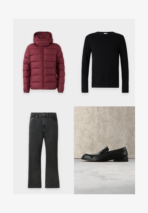 Burgunderrote Pufferjacke mit hohem Kragen, Reißverschluss vorne und Druckknöpfen. Verfügt über eine gesteppte Textur und seitliche Taschen für zusätzliche Funktionalität.; Schwarzes Langarm-T-Shirt mit rundem Ausschnitt, aus weichem Stoff, mit geradem Schnitt und ohne sichtbare Muster oder Akzente.; Schwarze Denim-Jeans mit geradem Bein, mittlerer Bundhöhe, fünf Taschen und Knopfverschluss. Dezente, ausgeblichene Textur über das gesamte Material.; Schwarzer Leder-Loafer mit Metallakzent, der schwebend über einem beigen Teppich präsentiert wird, im Hintergrund ein runder, bernsteinfarbener Tisch.