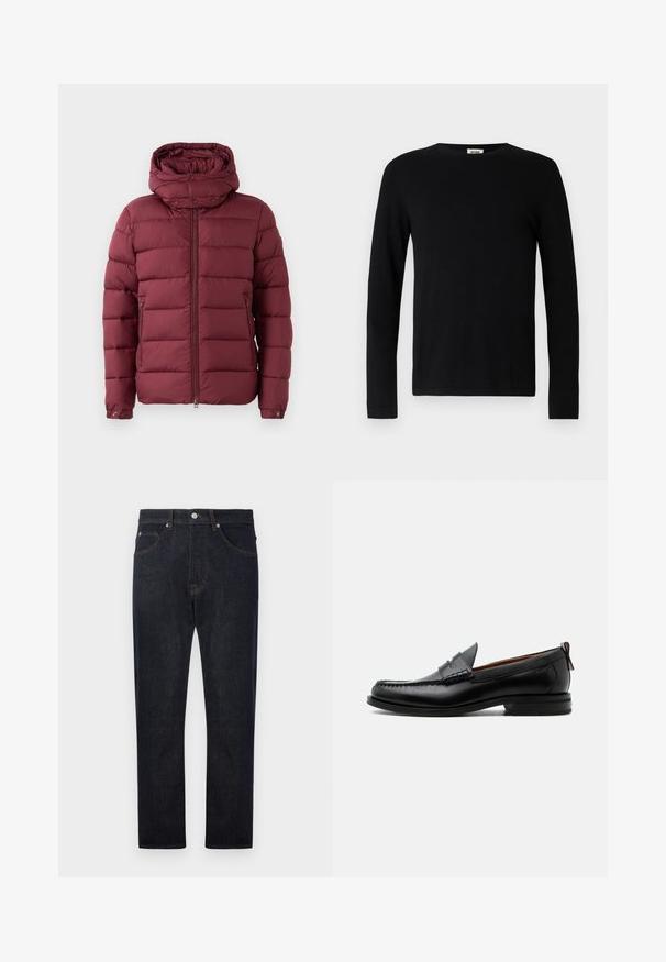 Burgunderrote Pufferjacke mit hohem Kragen, Reißverschluss vorne und Druckknöpfen. Verfügt über eine gesteppte Textur und seitliche Taschen für zusätzliche Funktionalität.; Schwarzes Langarm-T-Shirt mit rundem Ausschnitt, aus weichem Stoff, mit geradem Schnitt und ohne sichtbare Muster oder Akzente.; Dunkelblaue Denim-Jeans mit geradem Bein, ausgestattet mit fünf Taschen, kontrastierenden orangen Nähten und einem Knopfverschluss an der Taille.; Schwarzer Leder-Herrenschuh mit Mokassinnaht, Penny-Riemen, strukturiertem Kragen und niedrigem gestapeltem Absatz auf weißem Hintergrund.