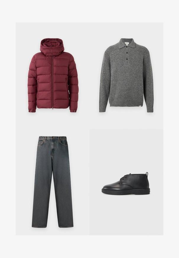 Bordeaux pufferjakke med høj krave, lynlås foran og trykknapper. Har quiltet tekstur og sidelommer for ekstra funktionalitet.; Grå strikket pullover med polokrave, fem-knaps lukning, lange ærmer og ribbede manchetter; har et tekstureret stof med subtile prikker.; Mørkegrå denimjeans med lige ben, fem lommer og en knap- og lynlås-lukning. Stofmet har diskret falming og syninger.; Sorte læder ankelstøvler med glat tekstur, rund tå og sort gummisål. Har en snørelukning og en hælflap for nem påtagning.