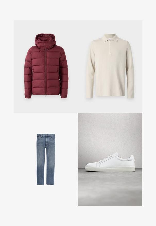 Veste rembourrée bordeaux avec un col haut, fermeture éclair à l'avant et boutons-pression. Présente une texture matelassée et des poches latérales pour plus de fonctionnalité.; Polo à manches longues de couleur crème avec une fermeture éclair au col, fabriqué en tissu doux et texturé, avec une coupe classique et un design minimaliste.; Jean en denim bleu à jambes droites, avec poches avant, passants de ceinture et fermeture par bouton.; Sneaker blanche avec une tige en cuir lisse et un profil bas. Présente un bout arrondi, six œillets et une semelle en caoutchouc texturé.