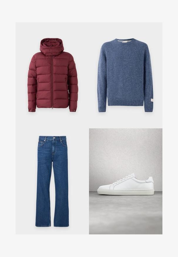 Bordeaux pufferjakke med høj krave, lynlås foran og trykknapper. Har quiltet tekstur og sidelommer for ekstra funktionalitet.; Blå strikket sweater med rund hals, ribbede manchetter og kant. Fremstillet af blødt materiale med en let tekstureret overflade. Etiketten på ærmet.; Blå denimjeans med vid benedesign, der har en klassisk knap- og lynlåslukning samt fem lommer. Karakteristisk falmet tekstur overalt.; Hvide sneakers med en glat læderoverdel og lav profil. Har en rund tå, seks snørehuller og en tekstureret gummisål.