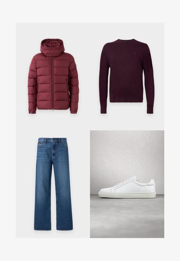 Bordeaux pufferjack met een hoge kraag, rits aan de voorkant en drukknoopjes. Heeft een gekruiste textuur en zijzakken voor extra functionaliteit.; Langsleeve bordeaux crew neck trui met ribgebreide manchetten en een klein geborduurd logo op de linkerkant van de borst.; Blauwe high-waisted jeans met rechte pijpen, voorzien van een knoop- en ritssluiting aan de voorkant, vijf zakken en een klein merklabel op de rechterzak.; Witte sneaker met een gladlederen bovenwerk en een laag profiel. Voorzien van een ronde neus, zes vetergaatjes en een gestructureerde rubberen zool.