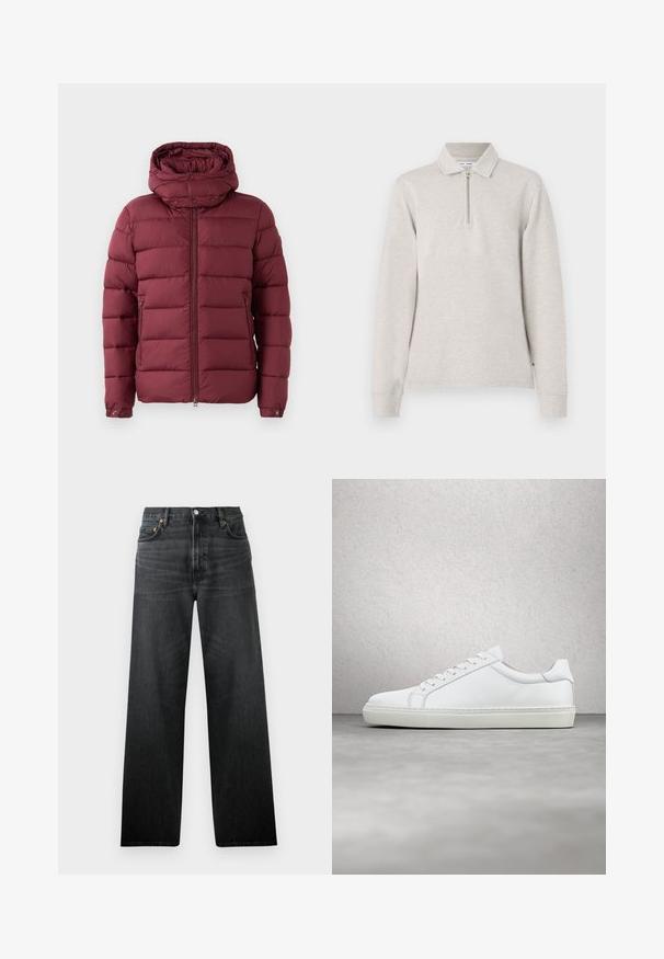 Veste rembourrée bordeaux avec un col haut, fermeture éclair à l'avant et boutons-pression. Présente une texture matelassée et des poches latérales pour plus de fonctionnalité.; Polo gris clair à manches longues avec un col à demi-zip, un design à col et des manches à poignets, fabriqué en un tissu texturé doux.; Jeans en denim noir avec une coupe droite, dotés de cinq poches et d'une fermeture à bouton. Le tissu a un léger éclat et une texture visible.; Sneaker blanche avec une tige en cuir lisse et un profil bas. Présente un bout arrondi, six œillets et une semelle en caoutchouc texturé.
