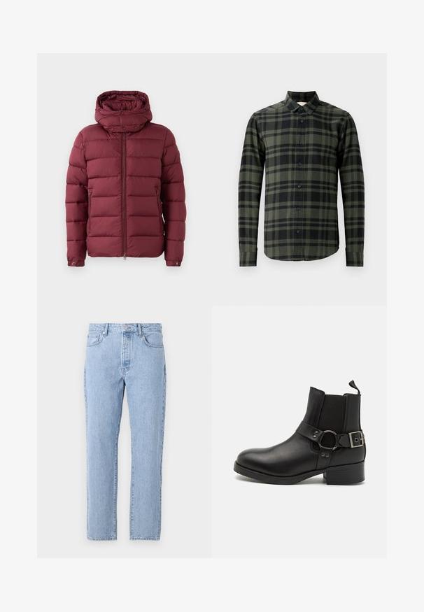 Bordeaux pufferjack met een hoge kraag, rits aan de voorkant en drukknoopjes. Heeft een gekruiste textuur en zijzakken voor extra functionaliteit.; Langoe mouw shirt in donker groen en zwart geruit patroon, gemaakt van flanel. Heeft een klassieke kraag en zwarte knopen.; Lichtblauwe spijkerbroek met een recht model, vijf zakken en een knoopsluiting. Zachte textuur met een klassieke vervaagde afwerking.; Steve Madden ANTONN - Cowboy-/Bikerlaarsjes - black