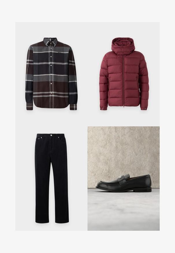 Kardinalpunane puffer jakk kõrge kraega, lukuga ees ja nööbiga. Omab tikandite tekstuuri ning küljetaskuid lisafunktsionaalsuseks.; Barbour ICELOCH TAILORED TARTAN - Pluus - midnight oak; Mustard-kollane koreid püksid sirge sääre disainiga, varustatud nööbi ja tõmbluku sulgemisega, viie taskuga ning pehme, tekstuuriga kangaga.; Mustast nahast loafer metallist brändiplaadiga, mis asub pruunist ümarast lauast lähedal beežil vaibaga kaetud põrandal.