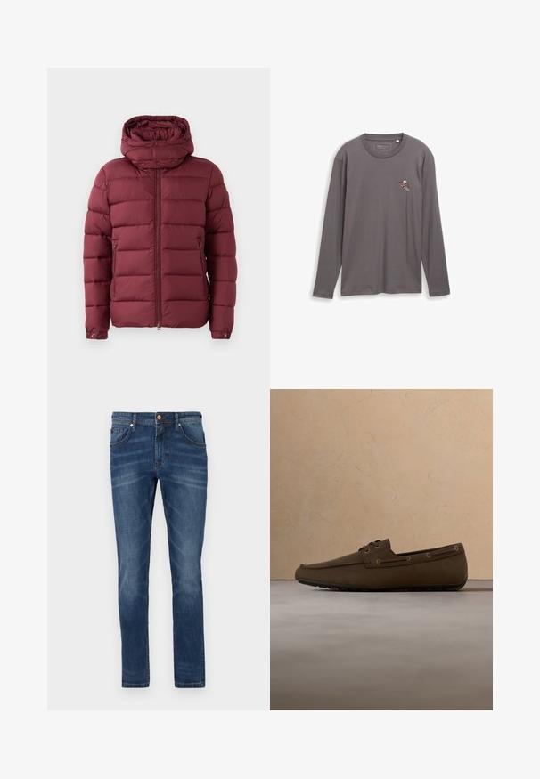 Bordeaux pufferjack met een hoge kraag, rits aan de voorkant en drukknoopjes. Heeft een gekruiste textuur en zijzakken voor extra functionaliteit.; Grijs lang mouwshirt van katoen met een ronde halslijn. Heeft een kleine geborduurde skiër op de borst.; Donkerblauwe denim jeans met een rechte pijp, vijf zakken, subtiele vervaging, contrasterende stiksels en een knoopsluiting in de taille.; Bruine lederen mocassin met veters, rubberen zool, zwevend boven een getextureerd tapijt in een binnenruimte met neutrale tinten.