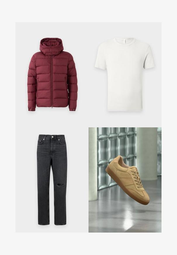 Burgunderrote Pufferjacke mit hohem Kragen, Reißverschluss vorne und Druckknöpfen. Verfügt über eine gesteppte Textur und seitliche Taschen für zusätzliche Funktionalität.; Einfaches weißes T-Shirt mit kurzen Ärmeln und Rundhalsausschnitt, flach auf einem hellgrauen Hintergrund ausgebreitet, mit einem kleinen Stoffetikett am Kragen.; Schwarze Denim-Jeans mit geradem Bein, featuring ein zerrissenes Knie, Fünf-Taschen-Design und Metallbeschläge an der Taille und den Taschen.; Beiger Veloursleder-Sneaker mit Gummisohle, Schnürdesign, schwebt drinnen auf poliertem Betonboden nahe einer Glassteinwand.