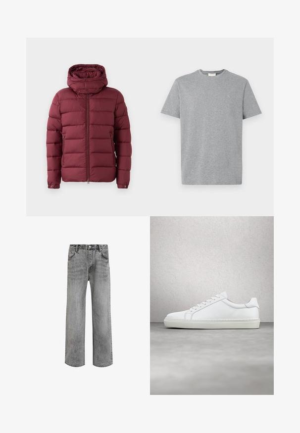 Bordeaux pufferjakke med høj krave, lynlås foran og trykknapper. Har quiltet tekstur og sidelommer for ekstra funktionalitet.; Grå bomulds T-shirt med rund halsudskæring, korte ærmer og et lille logo på venstre bryst. Enkel, klassisk design og tekstur.; Grå denimjeans med lige ben, høj talje, fem lommer og en falmet tekstur. Har lynlås med knap og bælteløkker.; Hvide sneakers med en glat læderoverdel og lav profil. Har en rund tå, seks snørehuller og en tekstureret gummisål.
