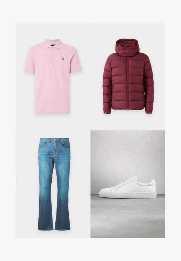 Veste rembourrée bordeaux avec un col haut, fermeture éclair à l'avant et boutons-pression. Présente une texture matelassée et des poches latérales pour plus de fonctionnalité.; Polo shirt rose clair en coton, doté d'un col classique, de trois boutons et d'un logo brodé jaune sur la poitrine gauche.; Jeans en denim lavé bleu moyen avec un léger évasement en bas, design classique à cinq poches, et fermeture à bouton et à zipper à l'avant.; Sneaker blanche avec une tige en cuir lisse et un profil bas. Présente un bout arrondi, six œillets et une semelle en caoutchouc texturé.
