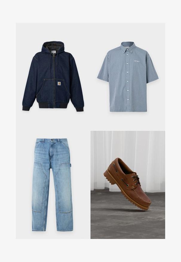 Veste à capuche zippée bleu foncé avec poches avant, cordons, poignets élastiques et un petit patch logo Carhartt sur la poche.; Chemise à manches courtes à motif vichy bleu et blanc, dotée d'un col boutonné et d'une patte de boutonnage avant avec boutons. Logo texte sur la poitrine.; Pantalon de charpentier en denim bleu clair avec de grandes poches plaquées à l'avant et une boucle porte-marteau sur le côté droit, coupe droite.; Chaussure de bateau en cuir marron avec des lacets noirs, des coutures beiges et une semelle robuste, suspendue au-dessus d'un sol en béton gris.