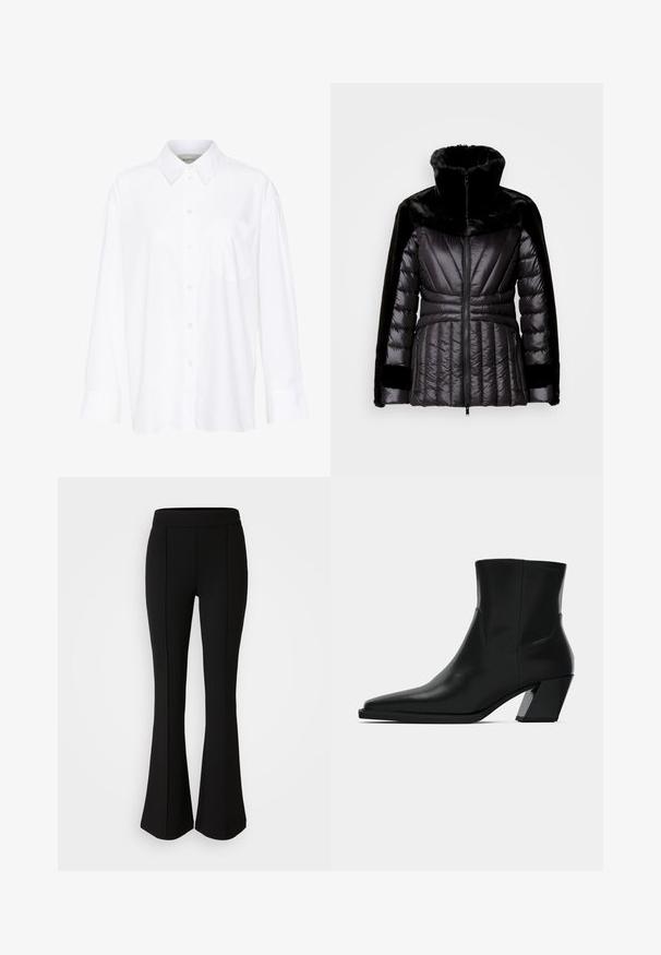Schwarze Puffjacke mit hohem Kunstfellkragen, gestepptem Design und seitlichen Reißverschlusstaschen. Verfügt über eine schlanke, taillierte Silhouette und strukturierte Akzente.; Weißes Langarmhemd mit Kragen aus Baumwolle. Verfügt über eine durchgehende Knopfleiste und eine Brusttasche. Glatte Textur, lockere Passform.; Schwarze, ausgestellte Hose aus einem dehnbaren Material mit glatter Textur, ausgestattet mit Nahtdetails an der Vorderseite für ein zusätzliches Designelement.; Schwarze Leder-Stiefelette mit spitzem Zeh, schlanker Silhouette und klobigem quadratischem Absatz. Glatte Textur mit minimalen Nähdetails.