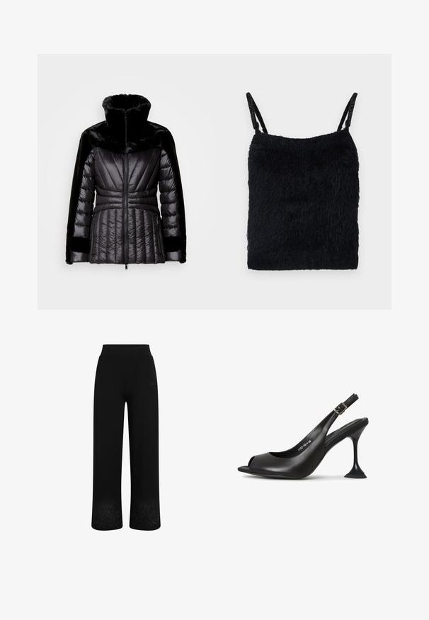 Chaqueta acolchada negra con un alto cuello de pelaje sintético, diseño acolchado y bolsillos laterales con cremallera. Presenta una silueta ajustada y acentos texturizados.; Top de tela negra suave con tirantes finos. Superficie texturizada, forma cuadrada y diseño ligero. Esquema de color simple y monocromático.; Pantalones de chándal negros con un diseño de pierna ancha, cintura elástica y bordado floral en el dobladillo. Fabricados con una tela suave y elástica.; Tacón de piel negra tipo slingback con punta abierta, forma puntiaguda, tacón estrecho que se ensancha y una base cuadrada. Superficie texturizada y detalle con hebilla.