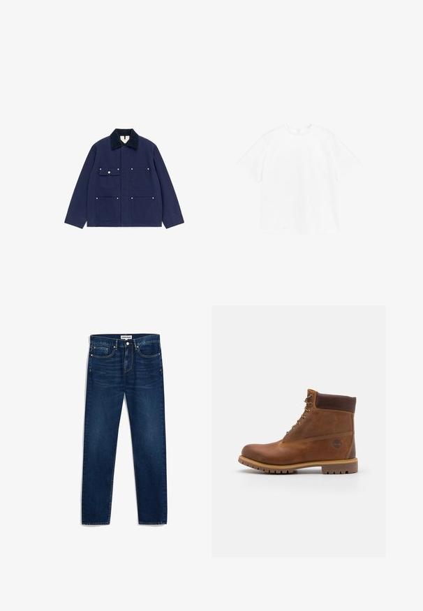 Marineblaue Jacke mit schwarzem Kragen, vier Vordertaschen, darunter eine mit Knopfklappe, langen Ärmeln und einem verdeckten vorderen Verschluss.; T-Shirt mit kurzen Ärmeln und Rundhalsausschnitt aus unifarbenem weißen Baumwollstoff. Normale Passform mit schlichter Gestaltung und ohne sichtbare Muster oder Akzente.; Dunkelblaue Jeans aus Denim mit geradem Schnitt, fünf Taschen und Kontrastnähten. Mit Knopfverschluss und Reißverschluss.; Braune Lederwanderschuhe mit glatter Oberfläche, gepolstertem Knöchel, Metallösen und einer Gummisohle mit robustem Profil.