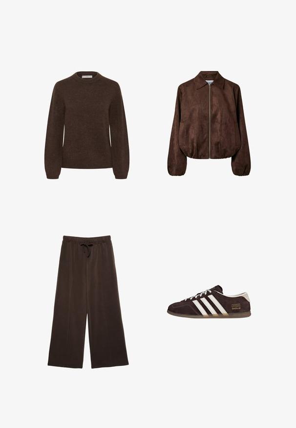 Veste en daim marron avec fermeture éclair devant, large col, manches longues, poignets élastiqués et poches latérales.; Pull en tricot marron avec col rond, manches longues et texture douce, présentant un design simple sans motifs ni embellissements.; Pantalon marron à jambes larges avec taille élastique et cordon, en tissu doux, présenté sur fond blanc.; Baskets en suède marron avec trois bandes blanches, semelle en caoutchouc, et étiquette avec le texte "Gazelle" en or. Fermeture à lacets avec lacets gris.
