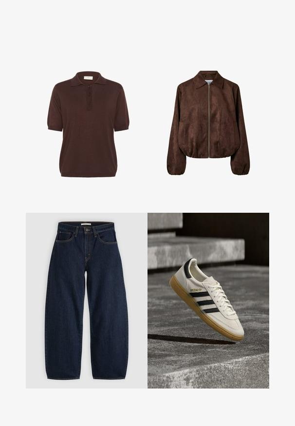 Veste en daim marron avec fermeture éclair devant, large col, manches longues, poignets élastiqués et poches latérales.; Polo shirt marron à manches courtes, avec un col classique, une patte de boutonnage à trois boutons et un tissu en tricot texturé. Coupe décontractée et relax.; Jean en denim bleu foncé à jambes larges avec fermeture avant par bouton et glissière, passants de ceinture et design cinq poches, posé à plat sur fond gris.; Baskets Adidas Spezial blanches avec des rayures noires et une semelle en gomme flottant au-dessus de marches en pierre grises à l'extérieur.